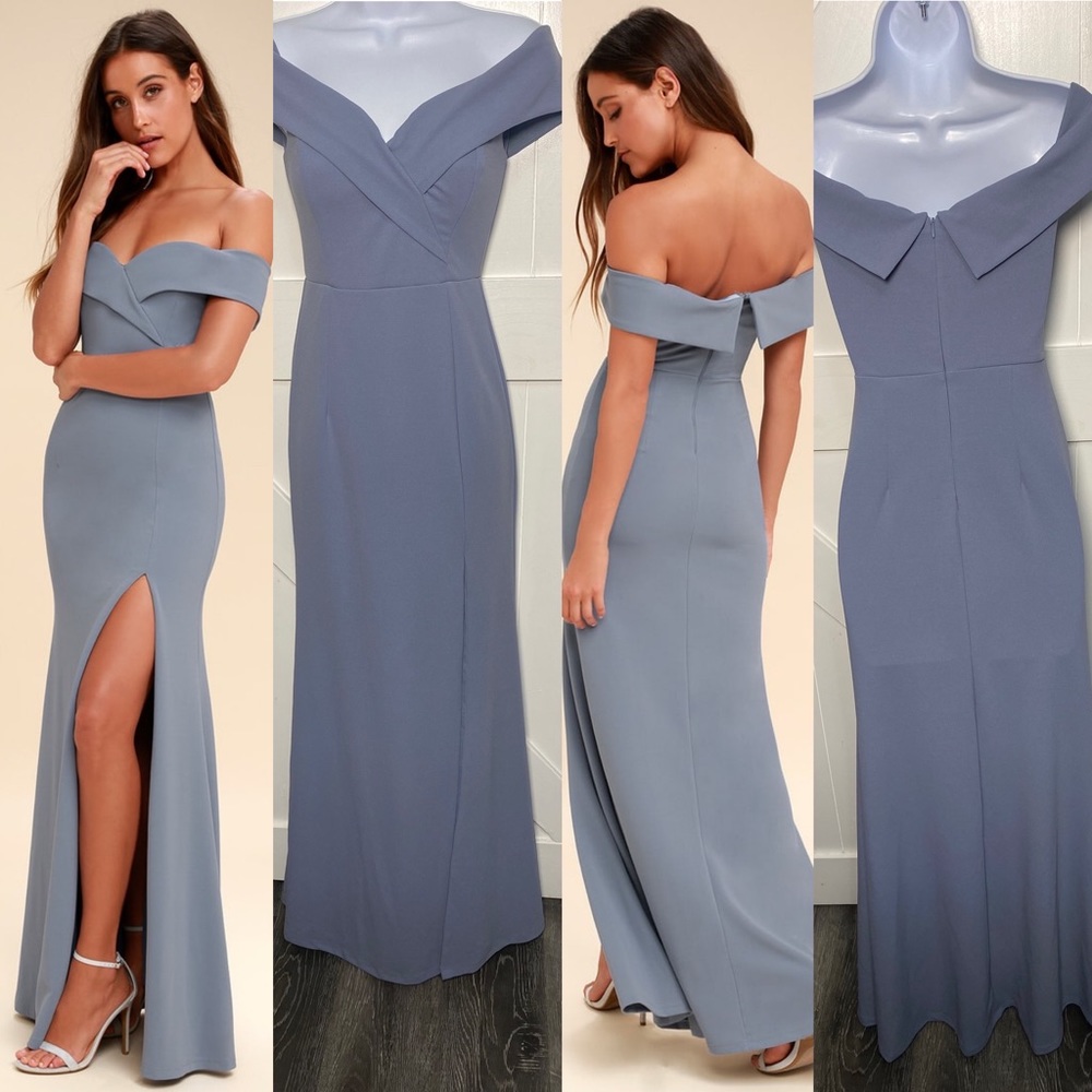 Lulu’s Blue Gray Song of Love Off The Shoulder Maxi Dress - XSMALL NWOT